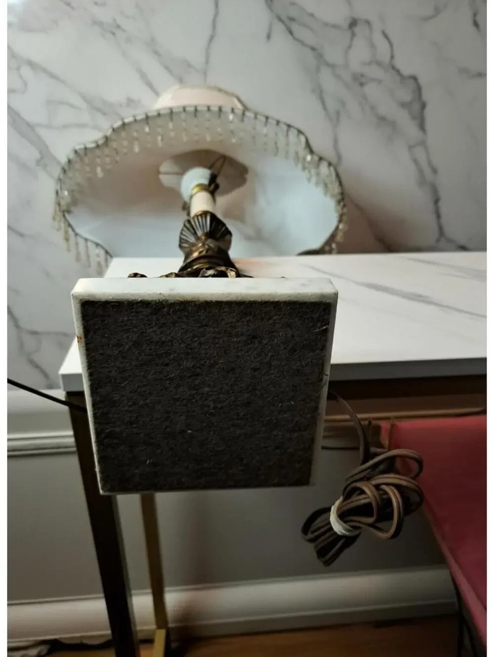 Vintage Brass Marble Claw Foot Table Lamp with Beaded Fringe Shade